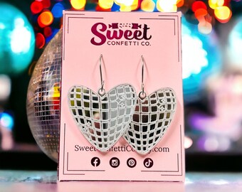 Heart Shaped Disco Ball Earrings, Bachelorette Party Accessory, Bridesmaid Gift, Retro Groovy and Boozy Last Fling Before the Ring