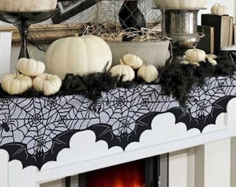 Halloween Decoration, Fireplace Mantle Scarf Cover, Black Lace Spiderweb, Festive Party Supplies, Fall Mantel Decor, Rustic Halloween Decor