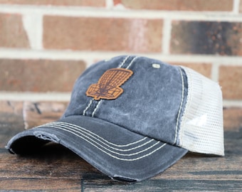 Disc Golf Hat: Distressed Trucker Cap with Custom Leather Patch