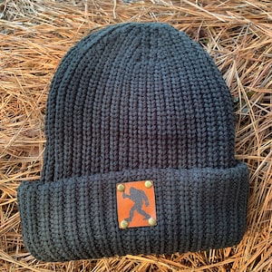 Bigfoot Hat | Sasquatch Beanie | Beer drinking gift | Gifts for dad | Leather Patch Hat | Hunters Gift