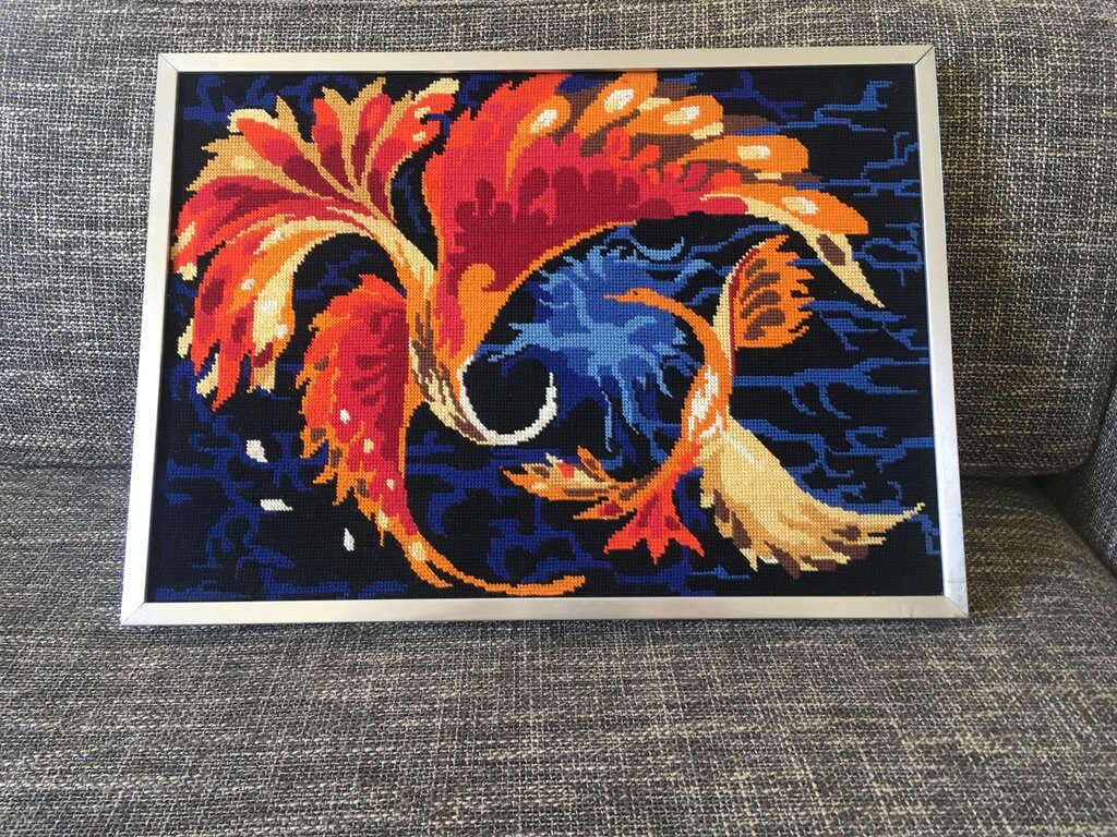 Tableau Point de Croix, Tenture Vintage, Tableau Broderie, Oiseaux Feu