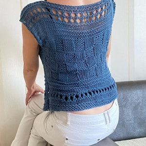 Cotton handknit summer top , light weight sweater, denim blue sweater,