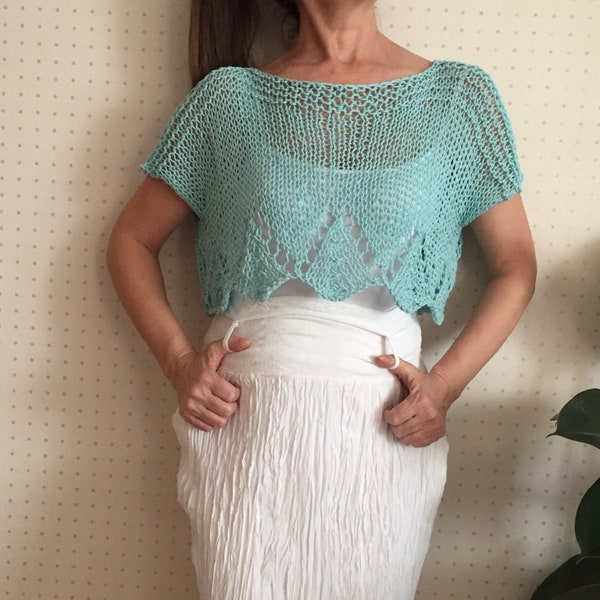 Knit summer top, boho chic sweater, women summer top, lace blouse,  hand knit blue top, loose knit, light weight