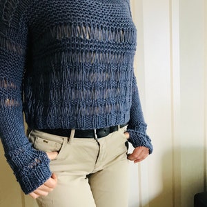 Knit women sweater ,Knit wool boho top , crop top for women, wool sweater, denim pullower, winter jumper,hand knit blouse, winter wear image 9