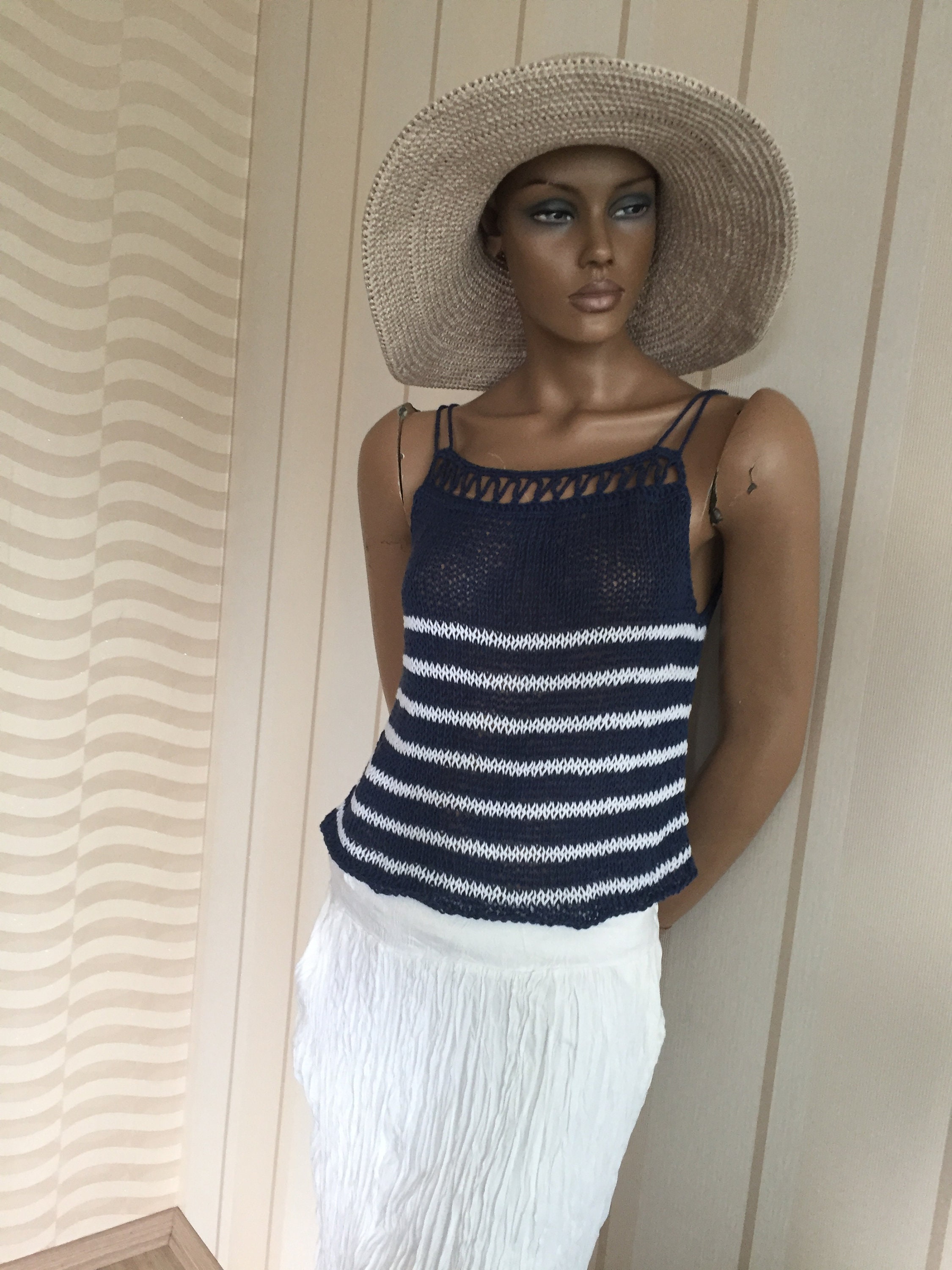 Striped Cotton Top Sleeveless Summer Top Navy Blue and White Etsy UK