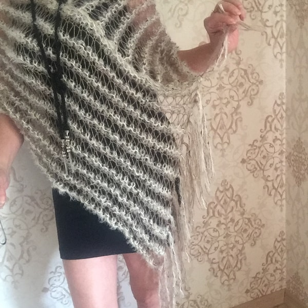 Knit lacy poncho, ivory knitted shawl,fringled poncho, women knitwear, boho chich top, hippie wear, lace cow