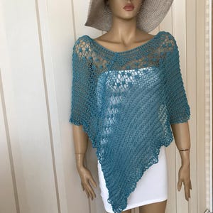 Dress cover up, knit summer poncho, women knitwear, loose knit women capalet, light weight shawl, boho knit, turquoise poncho