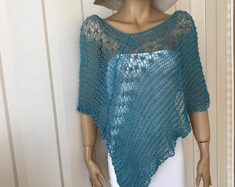 Dress cover up, knit summer poncho, women knitwear, loose knit women capalet, light weight shawl, boho knit, turquoise poncho