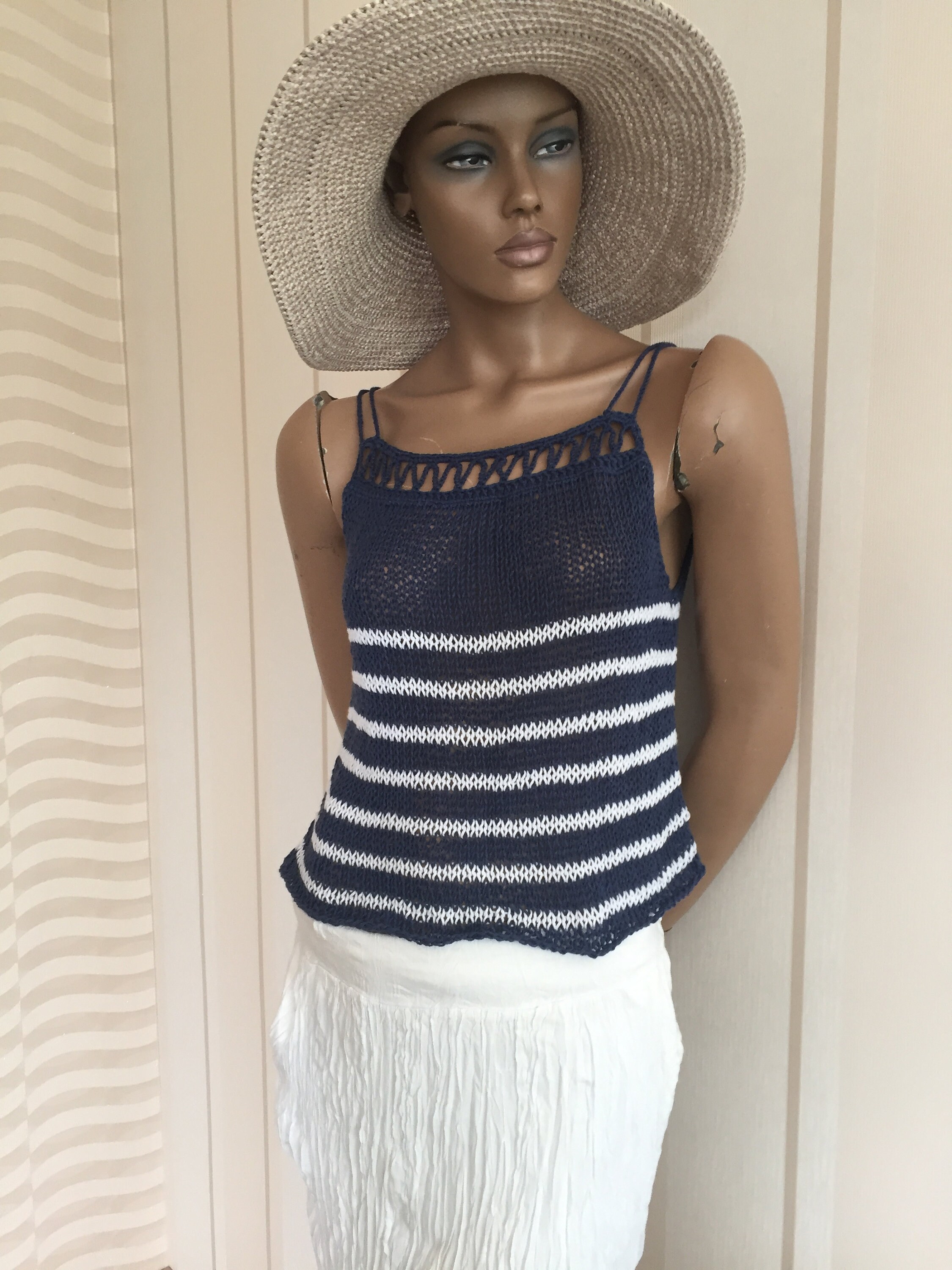 Striped Cotton Top Sleeveless Summer Top Navy Blue and White Etsy UK