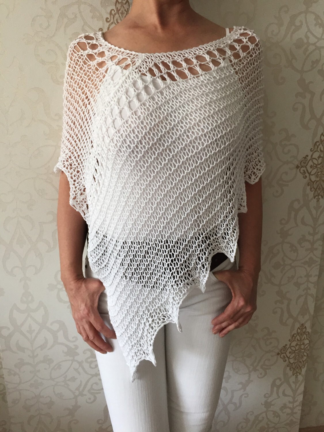 White cotton wrap hand knit poncho women wear white Etsy