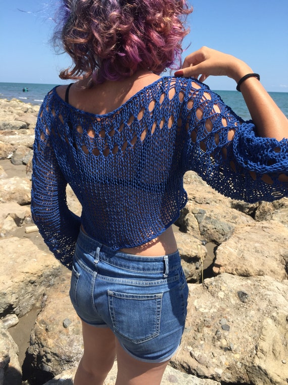 Knit Cotton Sweater, Top for Girls, Blue Top for Women, Cropped 