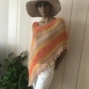 Knit cotton poncho, summer poncho sweater, light weight shrug, woman knitwear, boho chich shawl , loose knit