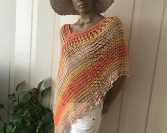 Knit cotton poncho, summer poncho sweater, light weight shrug, woman knitwear, boho chich shawl , loose knit