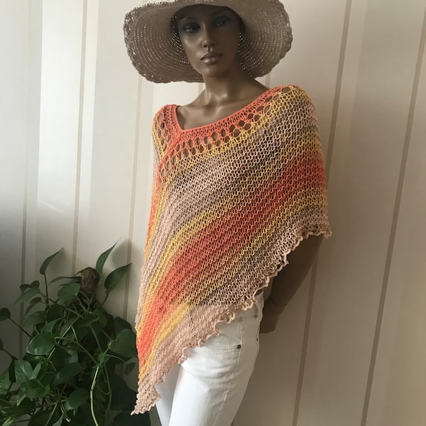 Knit cotton poncho, summer poncho sweater, light weight shrug, woman knitwear, boho chich shawl , loose knit