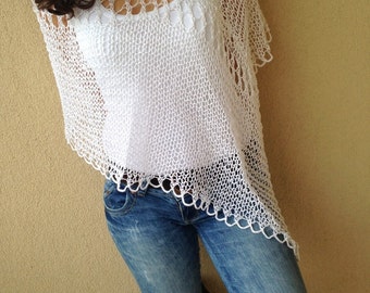 White cotton poncho shrug capelet bolero bridal poncho wedding wrap white knit bolero swimsuit cover womens wear trendy top white knit top