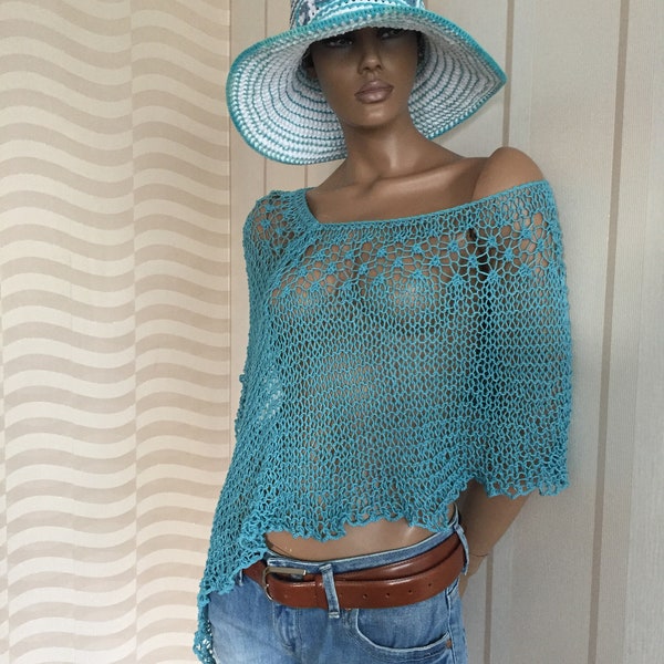 Housse de robe, poncho d’été tricoté, tricot femme, tricot ample femme capalet, châle léger, tricot boho, poncho turquoise