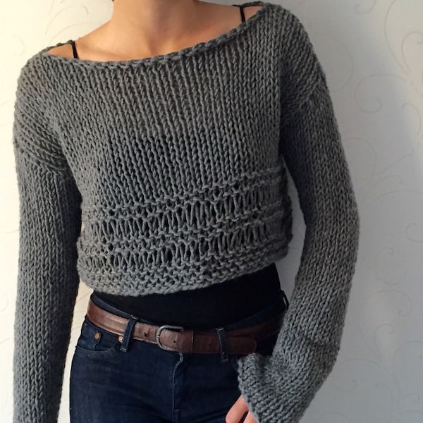 Knit sweater  Knit crop top Cropped wool sweater Winter trends Grey womens top  Crop fashion Cozy winter top Warm boho Wool sweater