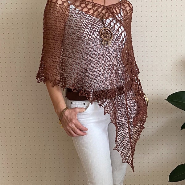 Poncho d'été en coton pour femme, poncho chic marron, vêtements d'été boho, couverture de robe de soirée, haussements d'épaules pour les robes