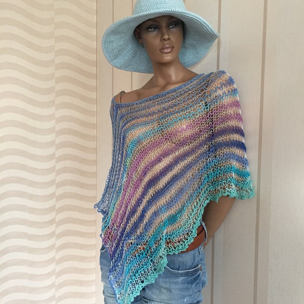 Loose knit top, shawl for woman, light weight shrug, colorful top, swim suit cover up , summer poncho sweater, boho chic , purple blue pink