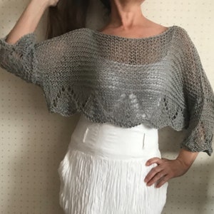 Knit crop top, gray knit sweater, handknit summer top, boho chic wear, light weight blouse , loose knit