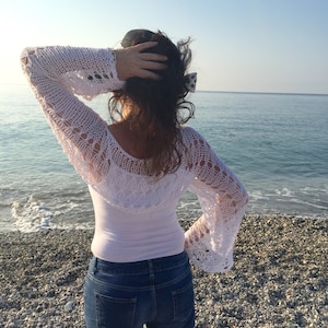 White cropped sweater, loose knit bamboo shrug, baho fashion, white top, Top womens war