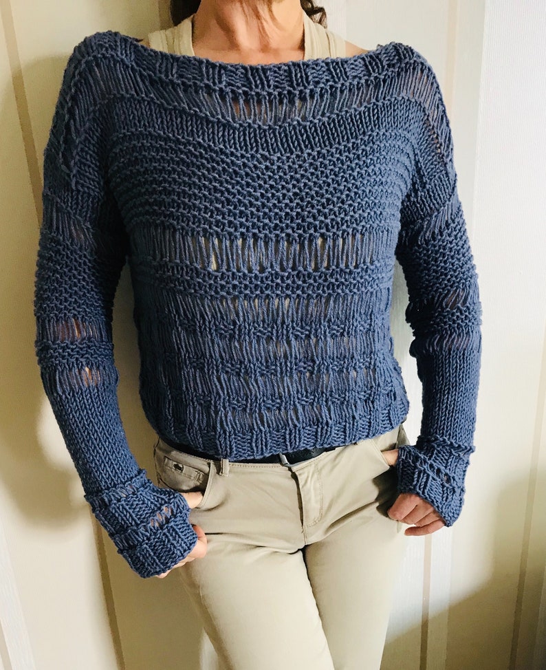 Knit women sweater ,Knit wool boho top , crop top for women, wool sweater, denim pullower, winter jumper,hand knit blouse, winter wear image 1