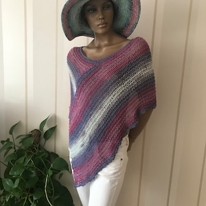 Knitted woman poncho, summer shawl, swimsuit cover, pink shrug , pink and purple, hand knit poncho ,  knitted top ,loose knit boho chic