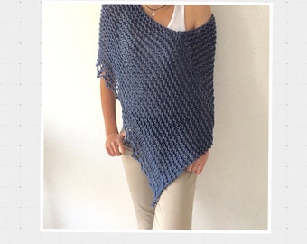 Knit wool poncho, knit poncho sweater, soft warm poncho, denim knitwear, wool cozy wrap, denim cover, loose knitting, winter poncho top