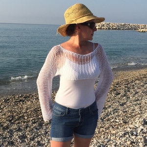 Cropped shrug  , cropped sweater , white summer cropped sweater ,  summer clothing , handknit sweater ,  loose knit wrap , knit wear