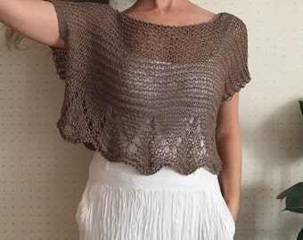 Frauen Sommer Strickpullover, lockeres Strick Top, Boho Strick Bluse, leichtes Sommer Top, Handgestrickte Damenmode, braunes Top