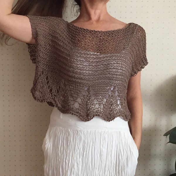 Women summer knit sweater, loose knit  top, boho knit blouse, light weight summer top, handknit women fashion , brown top