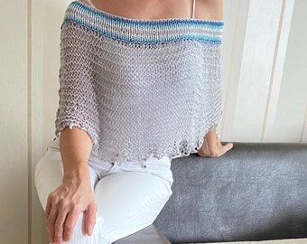 Striped knit capalet, boho knit, white vegan poncho, loose knit shrug