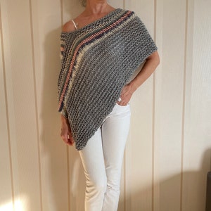 Gray handknit poncho sweater for woman,   knit Christmas gift, winter woman fashion, knit shawl, bridal poncho , pink and white stripted top