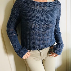Knit women sweater ,Knit wool boho top , crop top for women, wool sweater, denim pullower, winter jumper,hand knit blouse, winter wear image 2