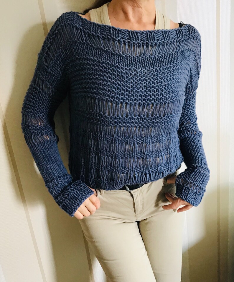 Knit women sweater ,Knit wool boho top , crop top for women, wool sweater, denim pullower, winter jumper,hand knit blouse, winter wear image 2