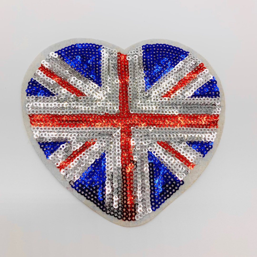 Embroidered Sequin Union Jack Heart Flag 12cm Iron-on Patch Applique ...