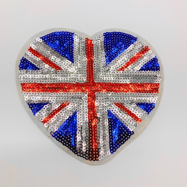 Drapeau Union Jack en forme de cœur brodé à paillettes, badge appliqué à repasser de 12cm