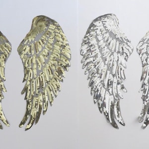 Sequin Angel wings, 1 pair SILVER or GOLD iron-on. Sequin applique patch trim. Fast delivery from UK