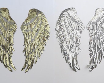 Sequin Angel wings, 1 pair SILVER or GOLD iron-on. Sequin applique patch trim. Fast delivery from UK