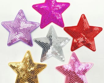 3 Pieces of 9cm Embroidered sequin stars IRON-ON patch applique badge fast delivery from UK