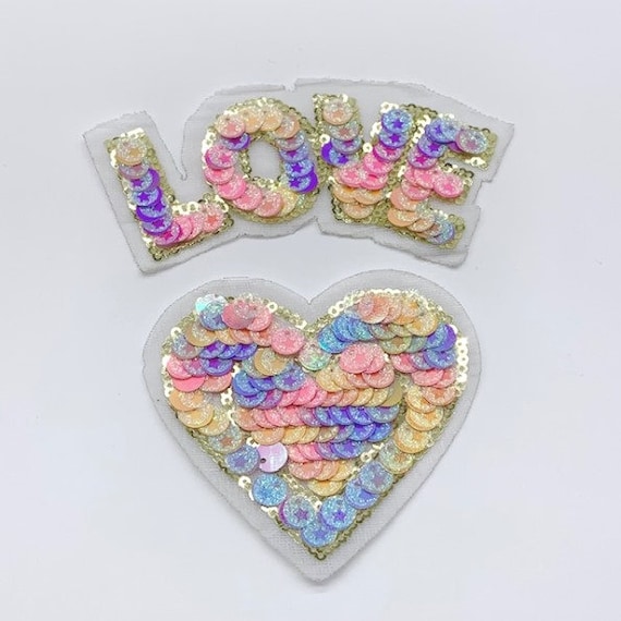 Large love iron on patch love applique love sequin patch love sequin iron  on patch rainbow love iron on patch love embroidered patch