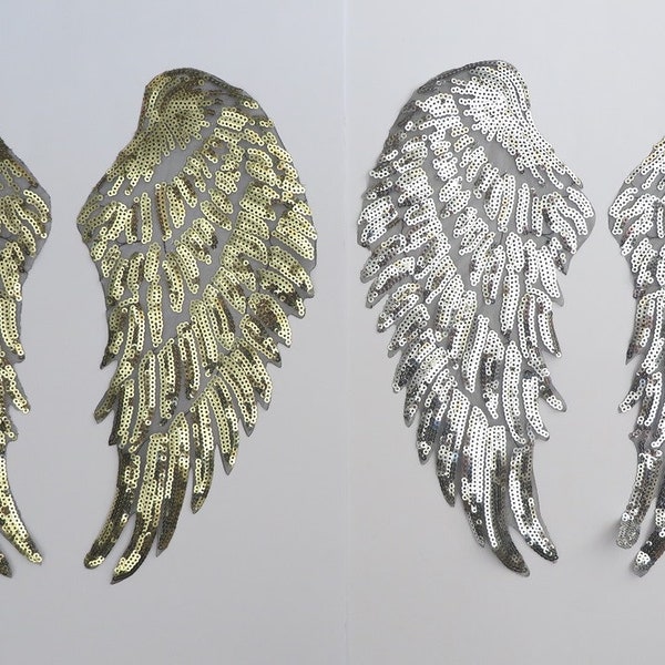 Sequin Angel wings, 1 pair SILVER or GOLD iron-on. Sequin applique patch trim.