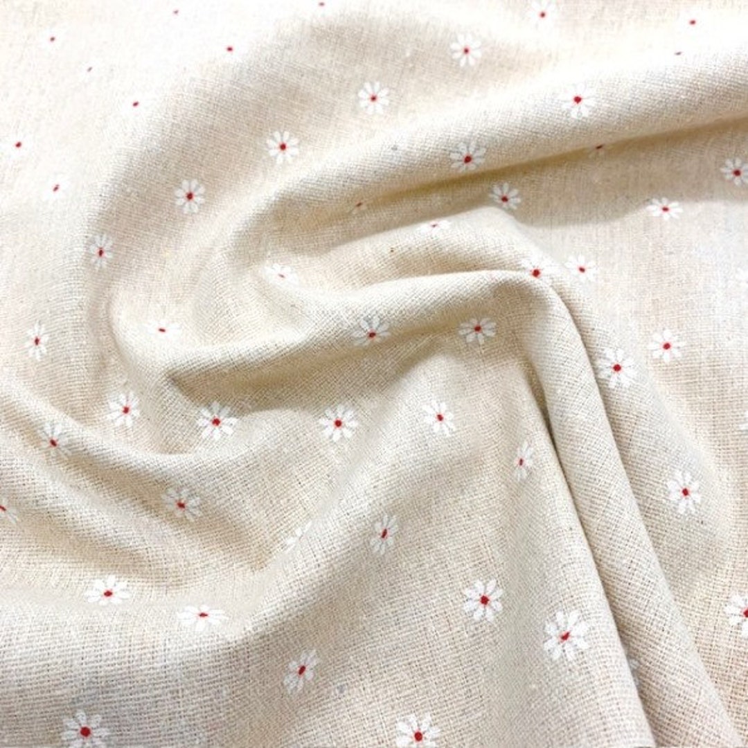 Cotton Linen Canvas Fabric With Printed Daisy Design, 145cm Width, Sold