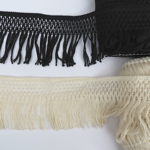 2m Vintage style natural cotton crochet lace trim with fringe, cream or black 10cm