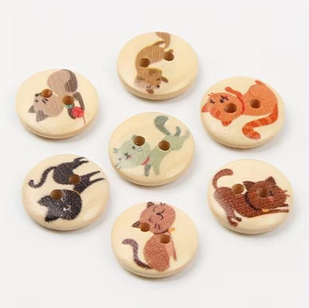 10 Wooden Kitten Buttons, 15mm, 10 Pieces Mixed Patterns, 2-hole for ...