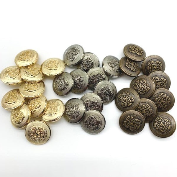 10 Military style buttons in gold, silver or bronze tones 21mm