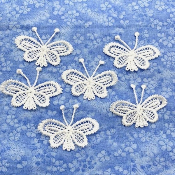 Dentelle guipure brodée Papillons 12 pièces Appliqué à coudre ivoire-blanc