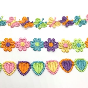 2mt Embroidered Guipure Lace Trim in Multi Yarn, Daisy, Heart or Butterfly. Per 2 metres