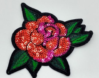3 pieces of a sequin embroidery rose flower applique patch IRON-ON red / green