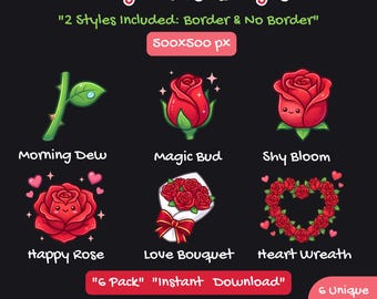 Rose Twitch Sub Badges, Cute Enchanted Flower Bit Badge, Valentine Streamer Asset, Red Love Emote, Magical Floral Icon, Heart Wreath, 6 Pack